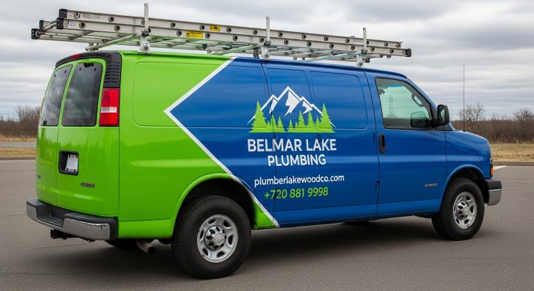 Belmar Lake Plumbing van with blue and green mountain-themed branding, company logo, website, phone number, and roof ladder, parked outdoors.