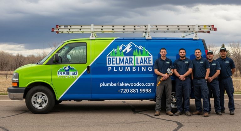 Belmar Lake Plumbing van with company branding and five uniformed plumbers standing beside it, holding tools, outdoors on a cloudy day.