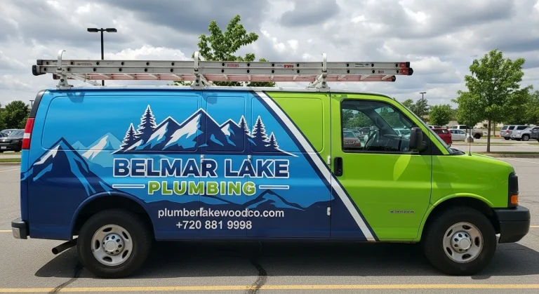 Belmar Lake Plumbing service van parked in a lot, featuring blue and green branding with mountain graphics, company name, contact info, and a roof ladder.