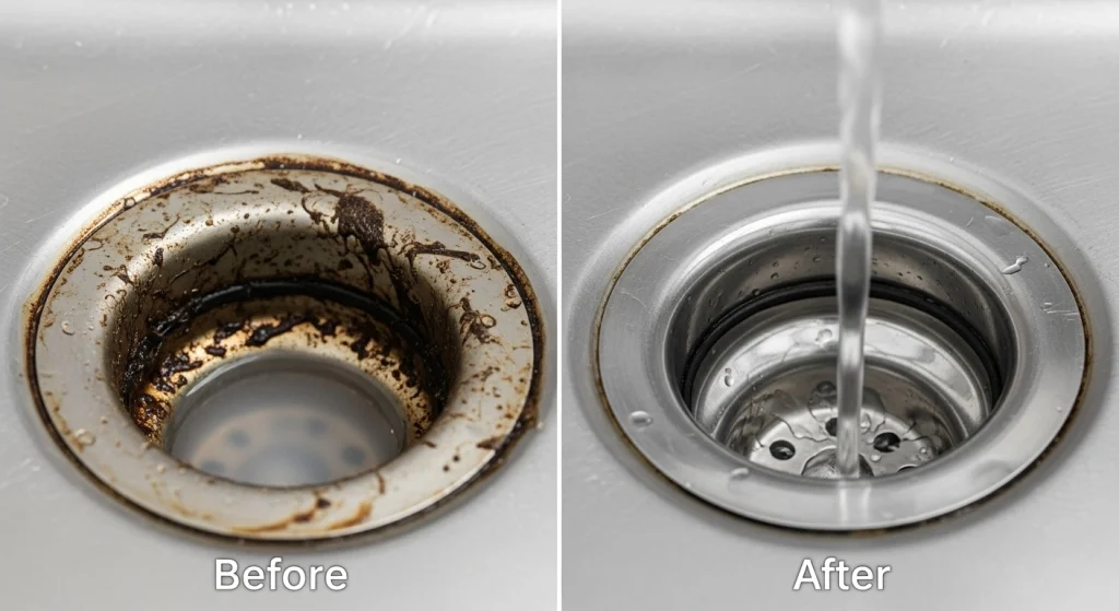 Side-by-side comparison of a dirty sink drain before cleaning, and a shiny, clean drain after professional cleaning, with "Before" and "After" labels.