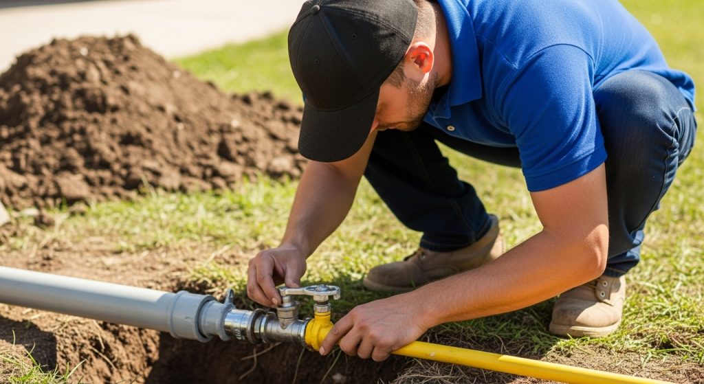 Plumber in blue shirt and cap working outdoors on a buried yellow gas line connection near a pile of soil.