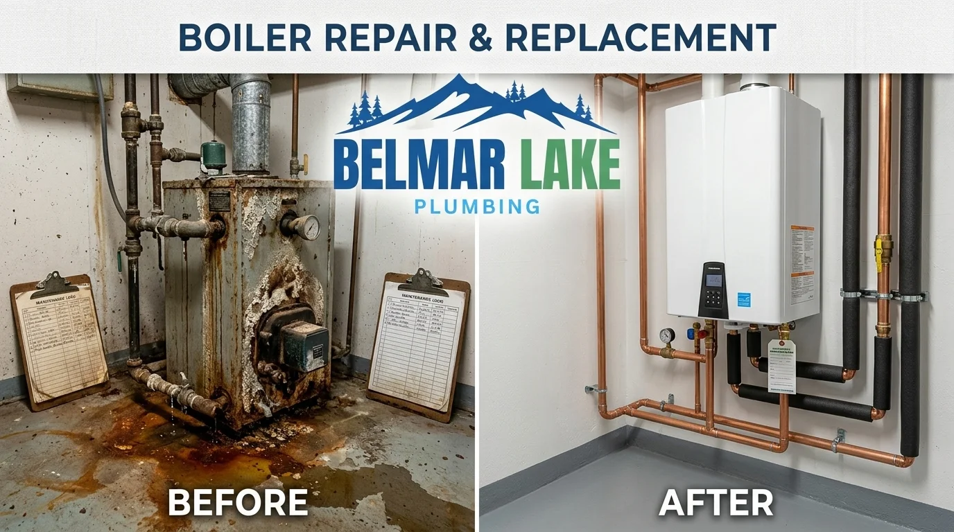 Before and after boiler replacement in Lakewood CO by Belmar Lake Plumbing — old corroded boiler replaced with new high-efficiency system