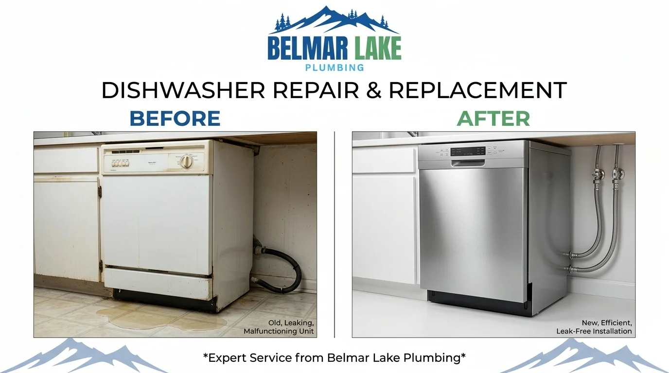 Before and after dishwasher repair and replacement service by Belmar Lake Plumbing in Lakewood CO — showing professional plumbing connections and restored kitchen function