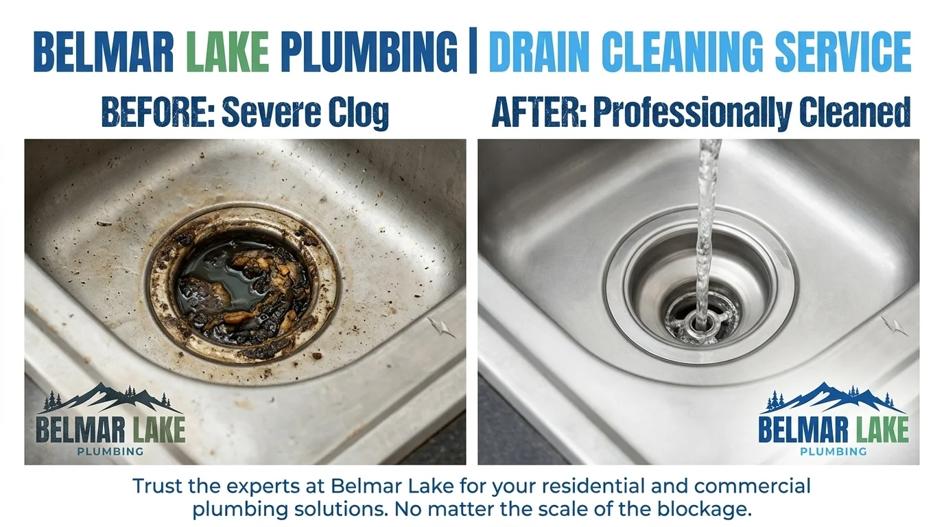 Before and After Drain Cleaning Results — Belmar Lake Plumbing Lakewood CO — Professional drain pipe cleaning showing blocked drain restored to full flow