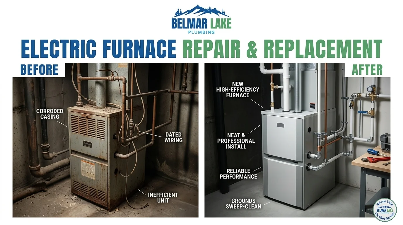 Before and after electric furnace repair and replacement in Lakewood CO by Belmar Lake Plumbing