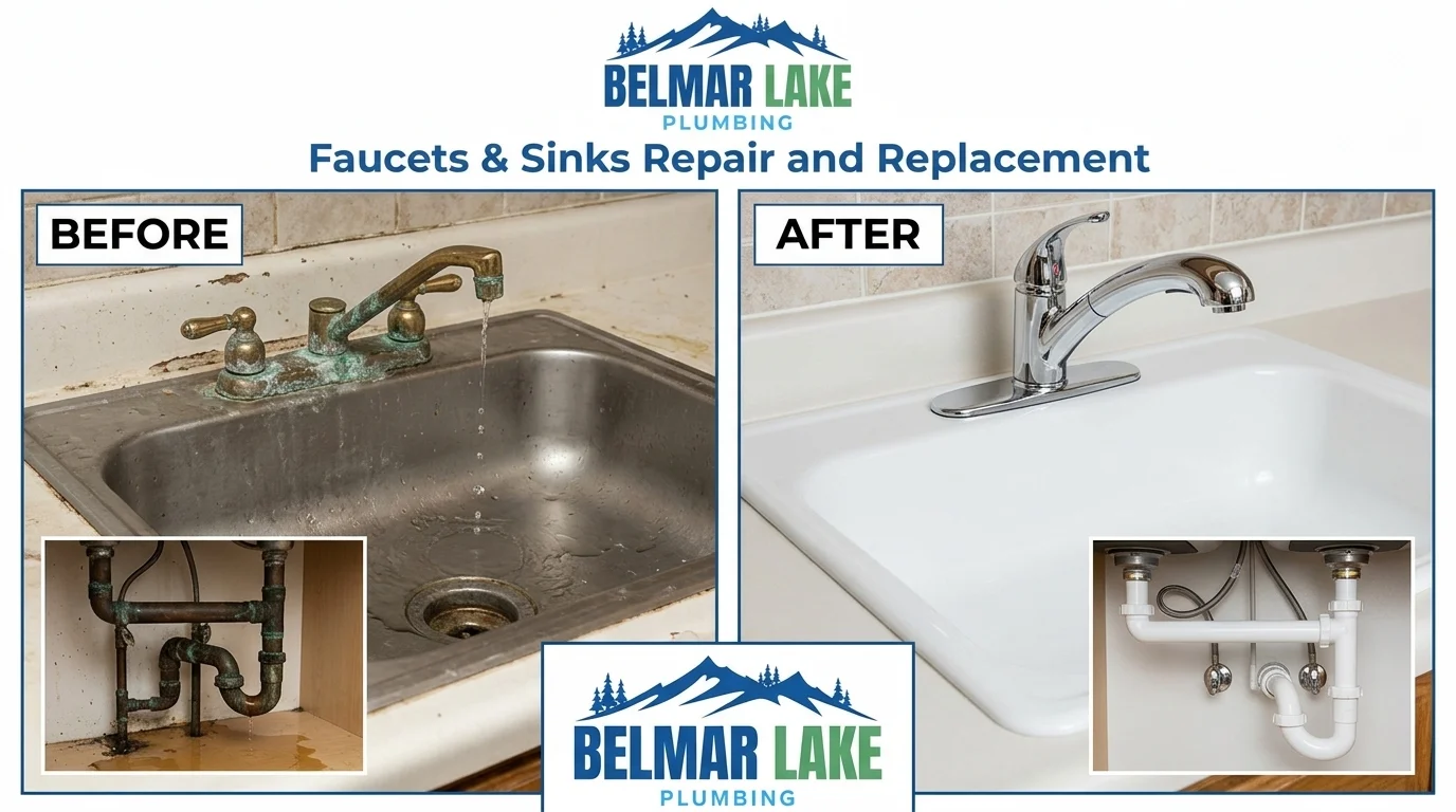 Before and after faucet and sink repair and replacement by Belmar Lake Plumbing in Lakewood CO - professional plumbing fixture service results