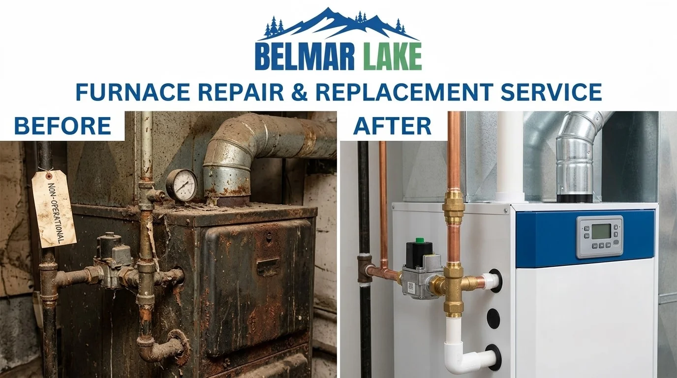 Before and after furnace repair and replacement by Belmar Lake Plumbing in Lakewood CO - showing old corroded furnace replaced with new high-efficiency system