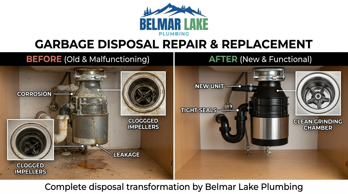 Before and After Garbage Disposal Repair and Replacement in Lakewood CO by Belmar Lake Plumbing