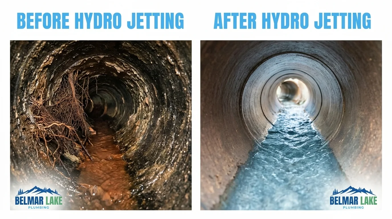 Before and After Professional Hydro Jetting Service - Belmar Lake Plumbing Lakewood CO - Drain pipe interior showing grease and scale buildup before hydro jetting and clean pipe walls after professional high-pressure water jetting