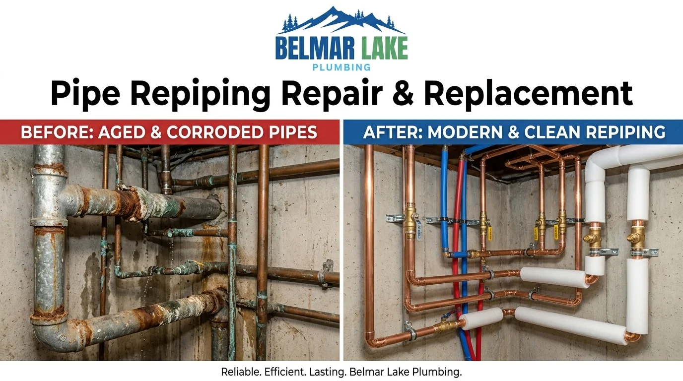 Before and after pipe repiping results in a Lakewood CO home — corroded galvanized pipes replaced with new PEX-A piping by Belmar Lake Plumbing