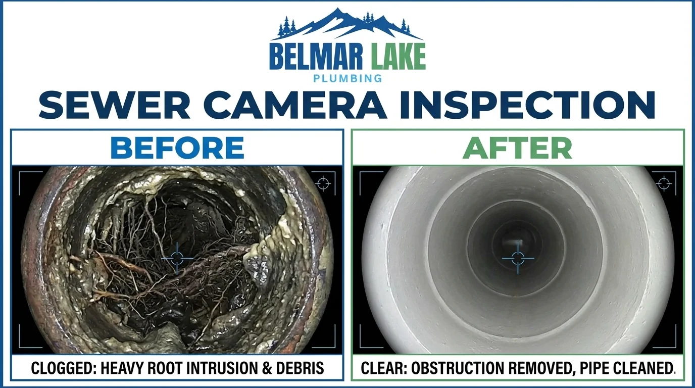Before and after sewer camera inspection results in Lakewood CO — root intrusion and pipe damage revealed by Belmar Lake Plumbing sewer scope
