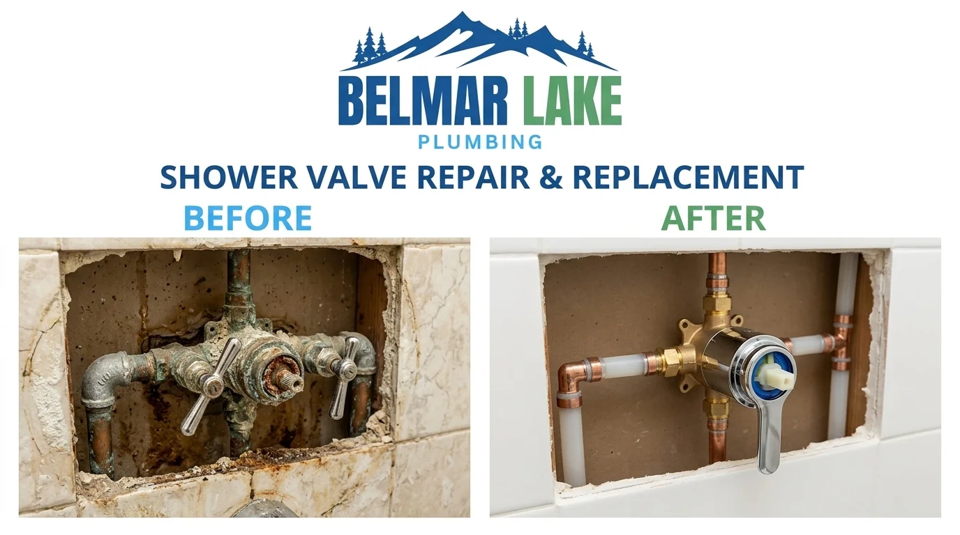 Before and after shower valve repair and replacement by Belmar Lake Plumbing in Lakewood CO - showing professional shower valve cartridge replacement results