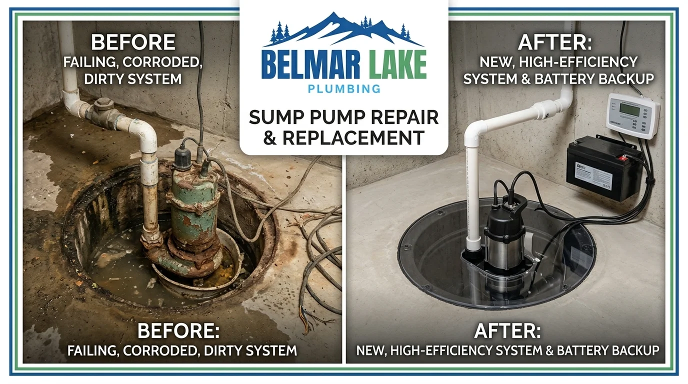 Before and after sump pump repair and replacement by Belmar Lake Plumbing in Lakewood CO