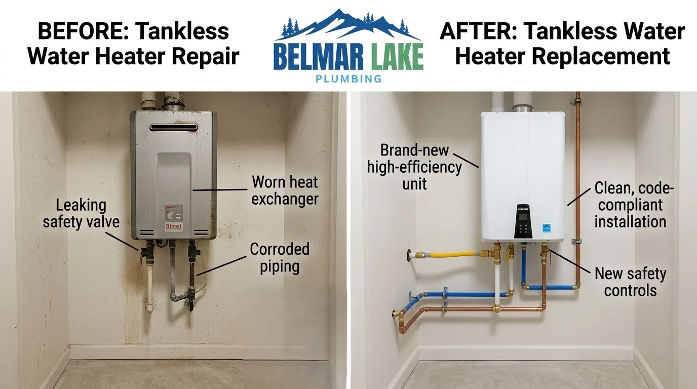 Before and after tankless water heater repair and replacement by Belmar Lake Plumbing in Lakewood CO — showing descaled heat exchanger and new unit installation