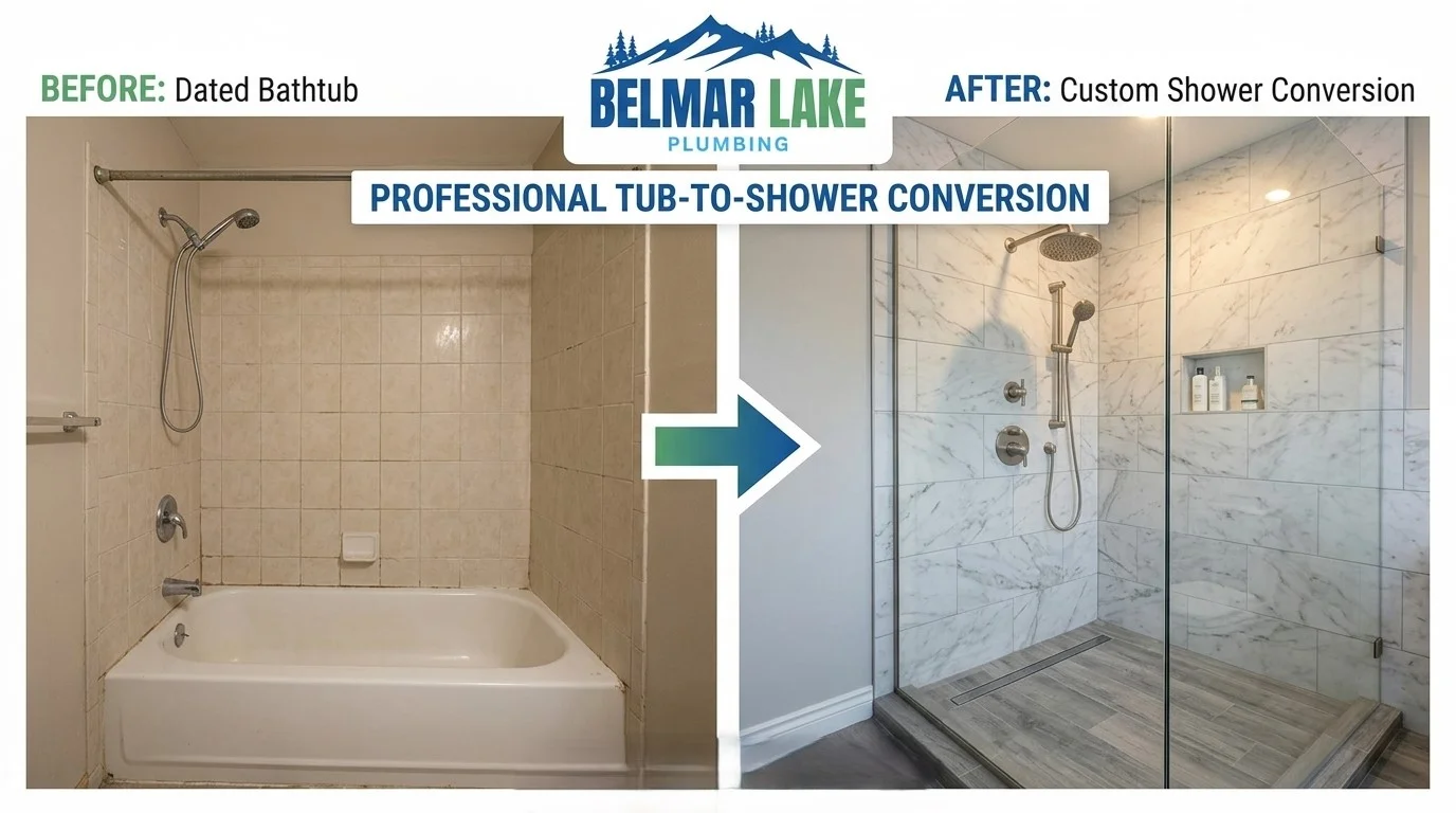 Before and After Tub-to-Shower Conversion - Belmar Lake Plumbing Lakewood CO