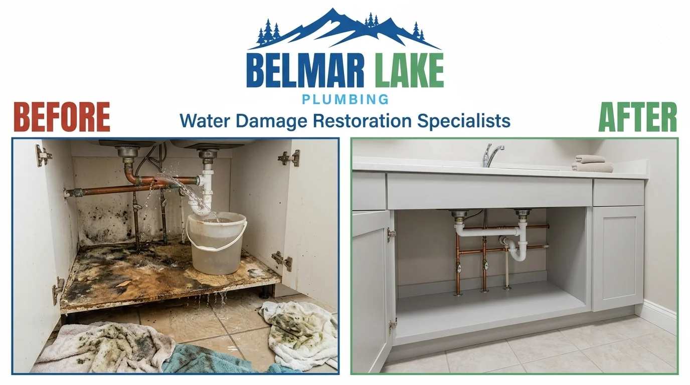 Before and after water damage restoration by Belmar Lake Plumbing in Lakewood CO — showing flooded property transformed to fully restored, dry condition