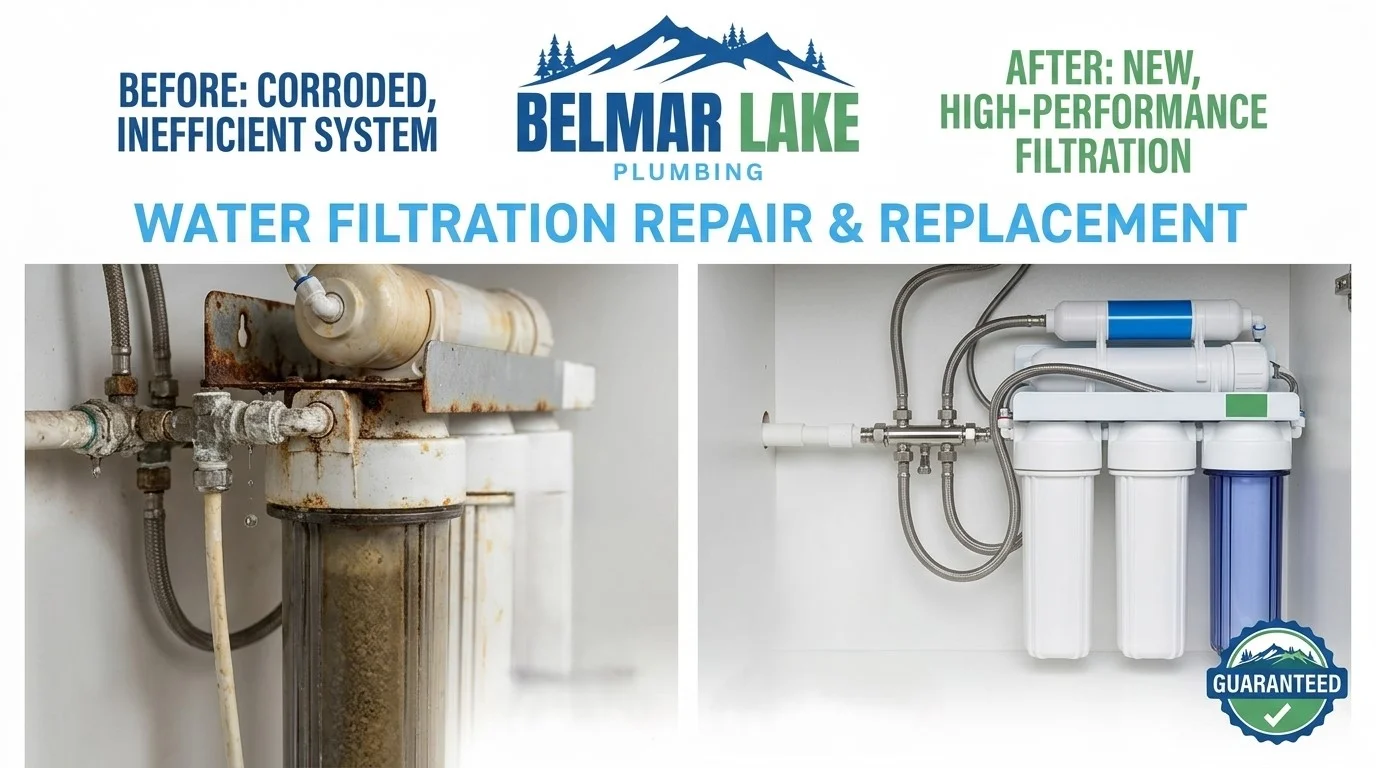 Before and after water filtration service by Belmar Lake Plumbing in Lakewood CO showing improved water quality through professional filter system repair and replacement