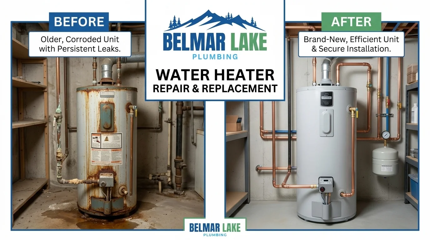 Before and after water heater replacement Lakewood CO by Belmar Lake Plumbing