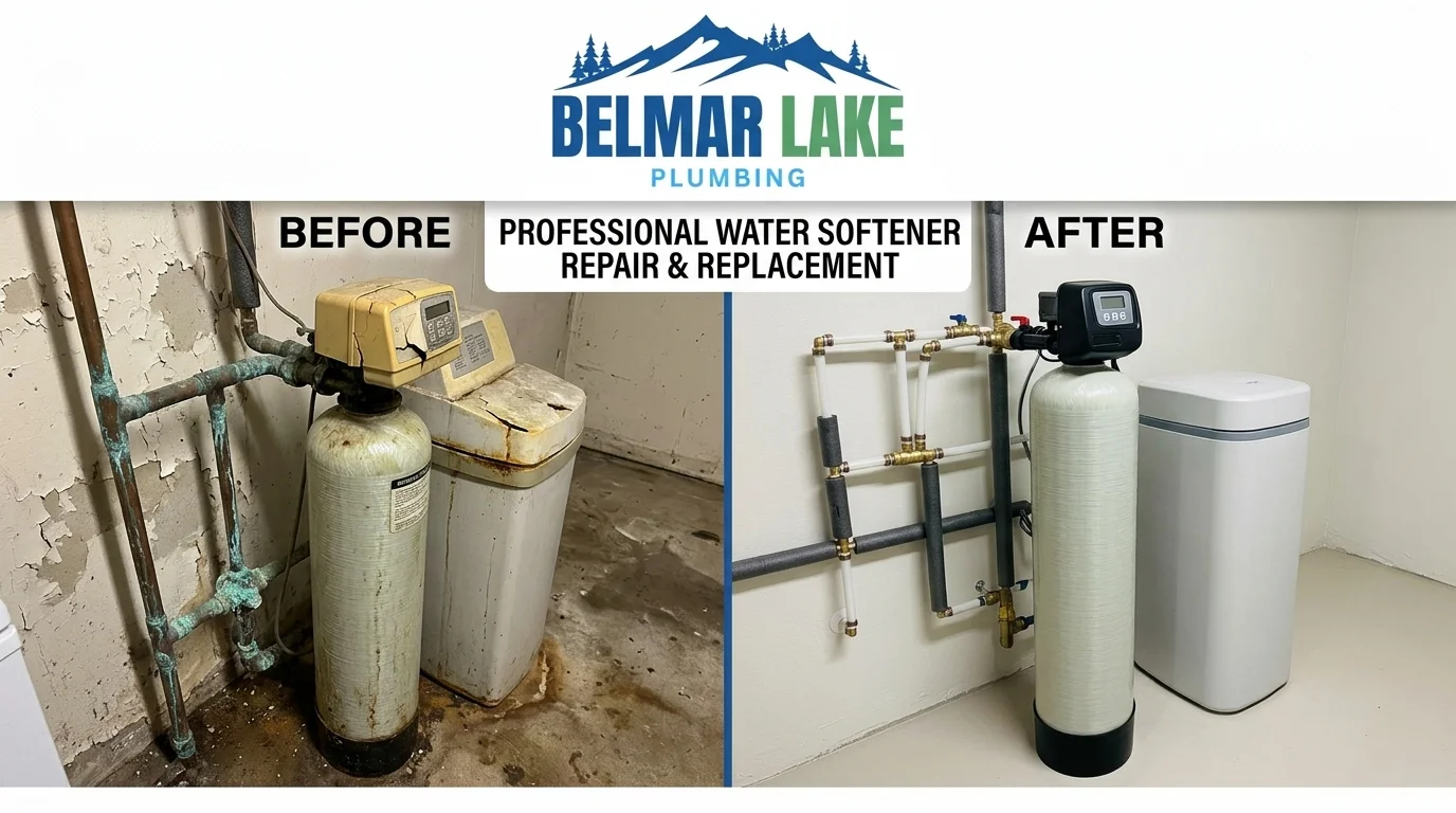 Before and after water softener repair and replacement by Belmar Lake Plumbing in Lakewood CO - showing scale-damaged fixtures restored with properly functioning water softener system